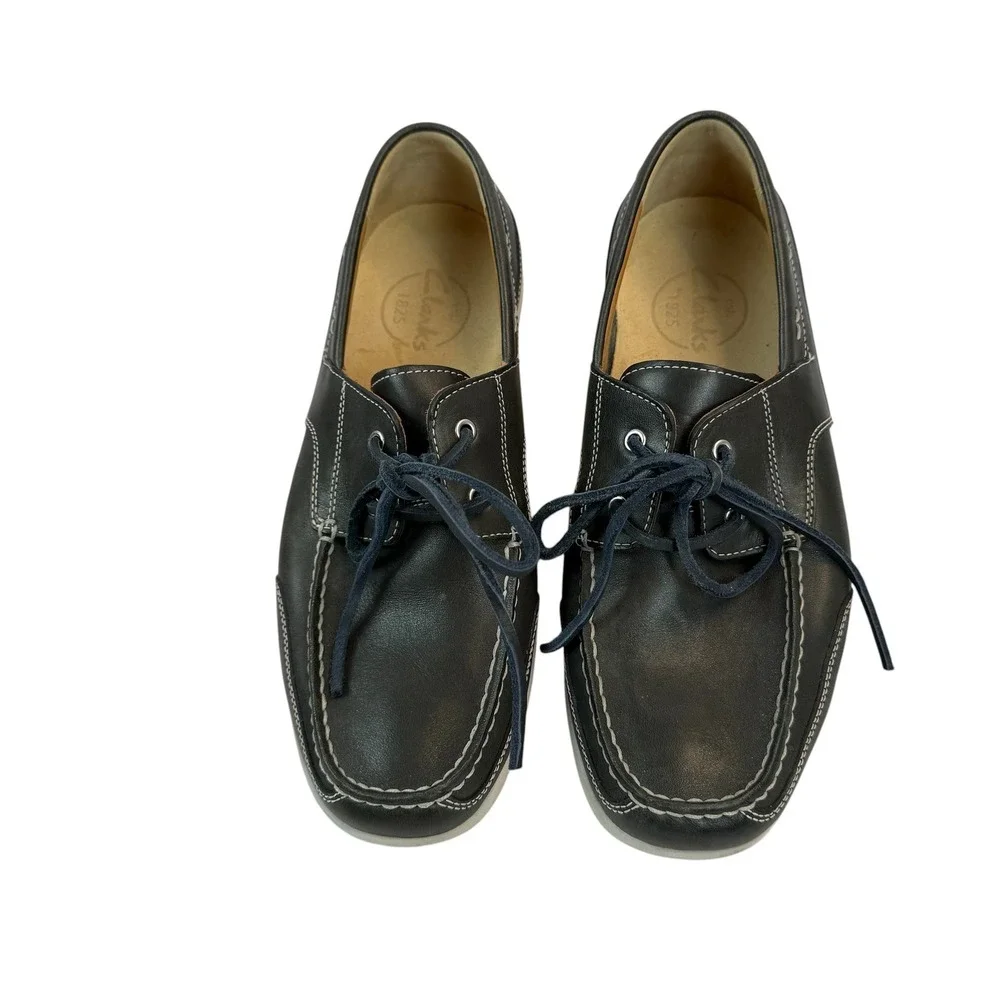 Clarks Boat Shoes 10M Black Leather Lace Up Moc Toe 30599